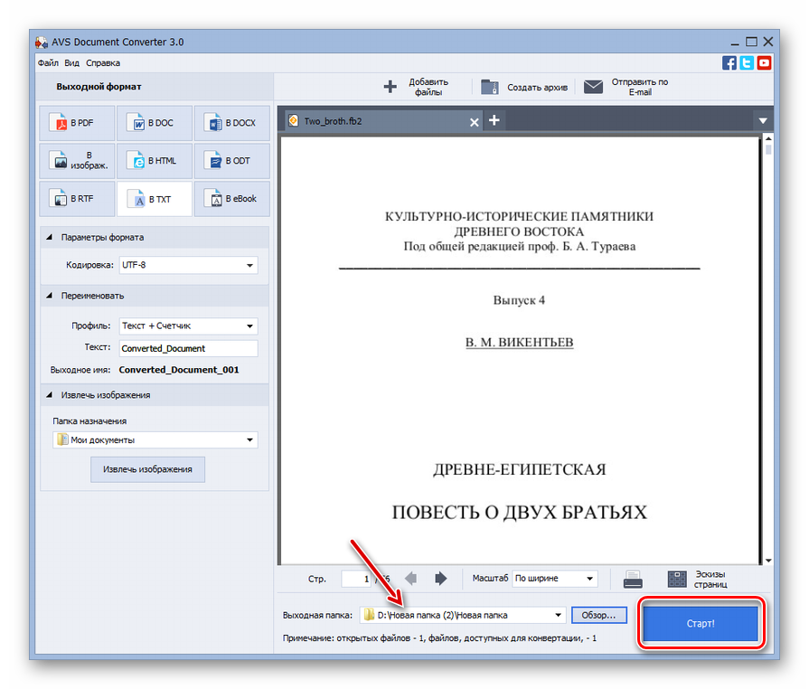 Запуск преобразования электронной книги FB2 в текстовый формат TXT в программе AVS Document Converter